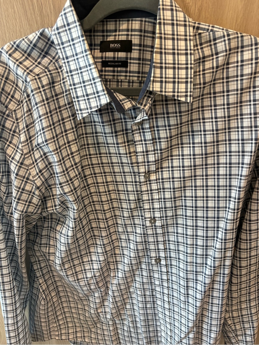 BOSS Men's White & Blue Plaid Dress Shirt